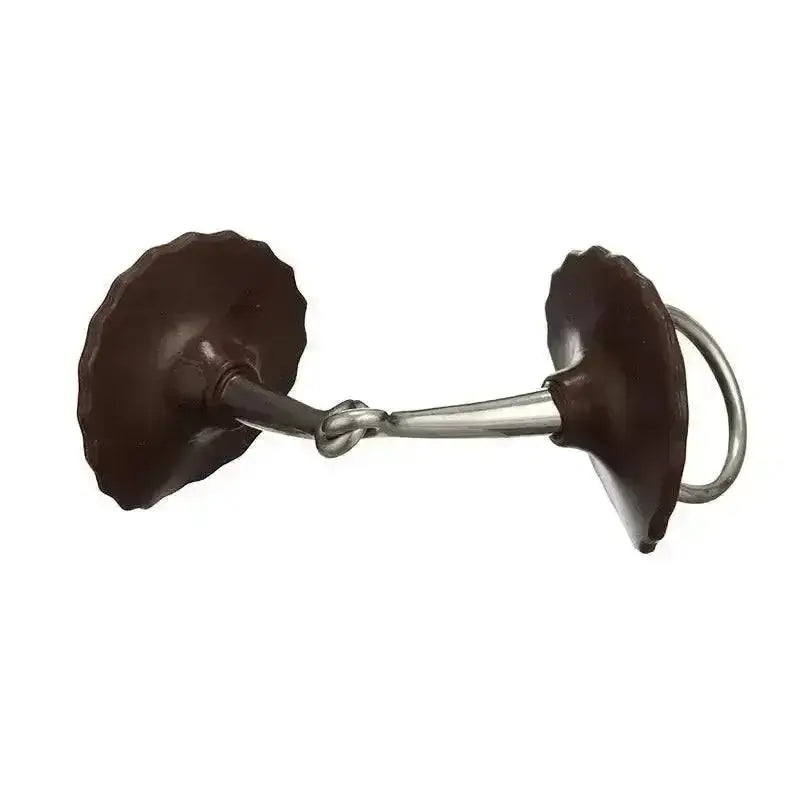 Brown rubber-coated acavallo gel bit guard with polished silver metal bar and ring for comfortable riding