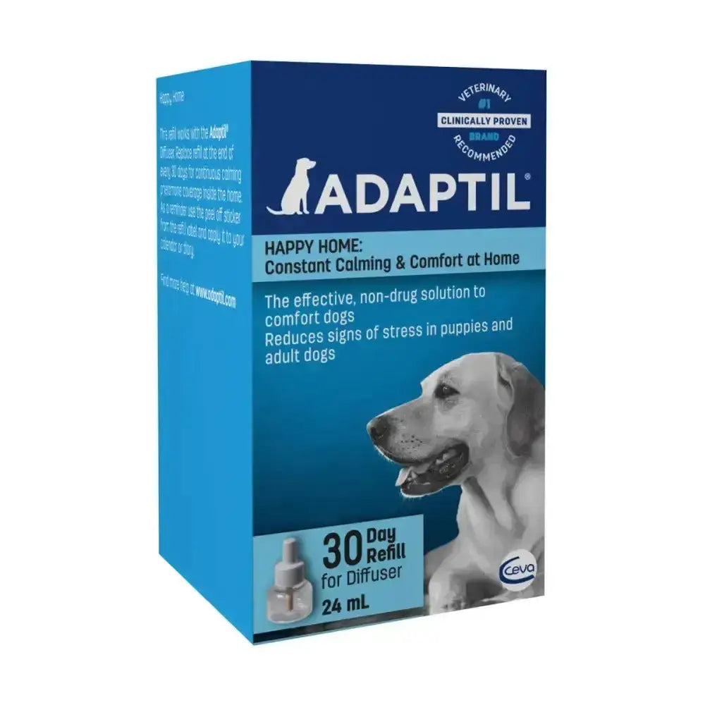 Blue cardboard box of adaptil 30-day refill natural canine appeasing pheromone diffuser to reduce dog stress