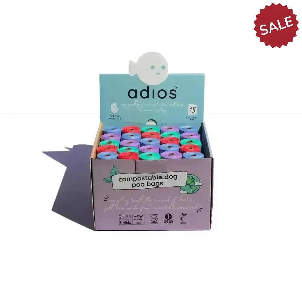 Adios Pos Poo Bag Counter Top Unit 50 Rolls (750 Bags) Assorted Poop Bags