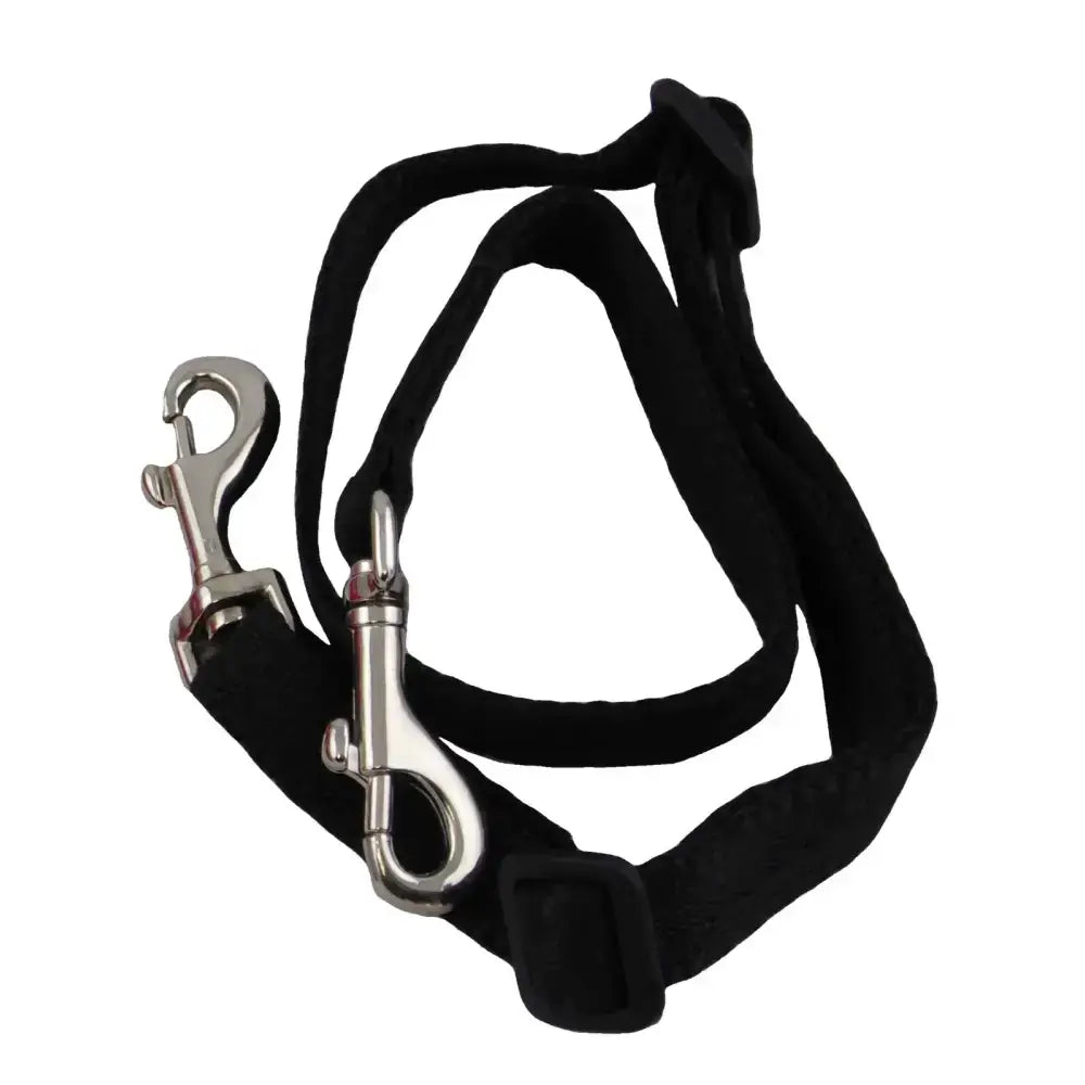 Black fabric dog leash with silver buckles featuring adjustable webbing trigger clip fillet for secure control