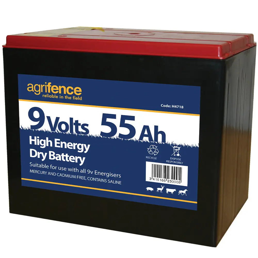 Black and red agrifence 9v 130ah dry battery with blue label for electric fencing high energy 130ah dry battery