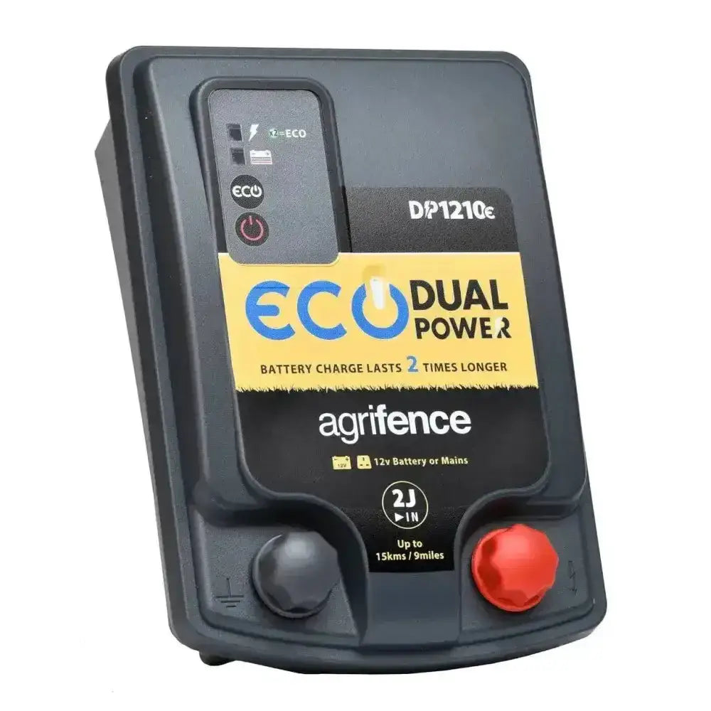 Black plastic agrifence dp1210 eco dual power energiser with red power button and yellow battery efficiency label