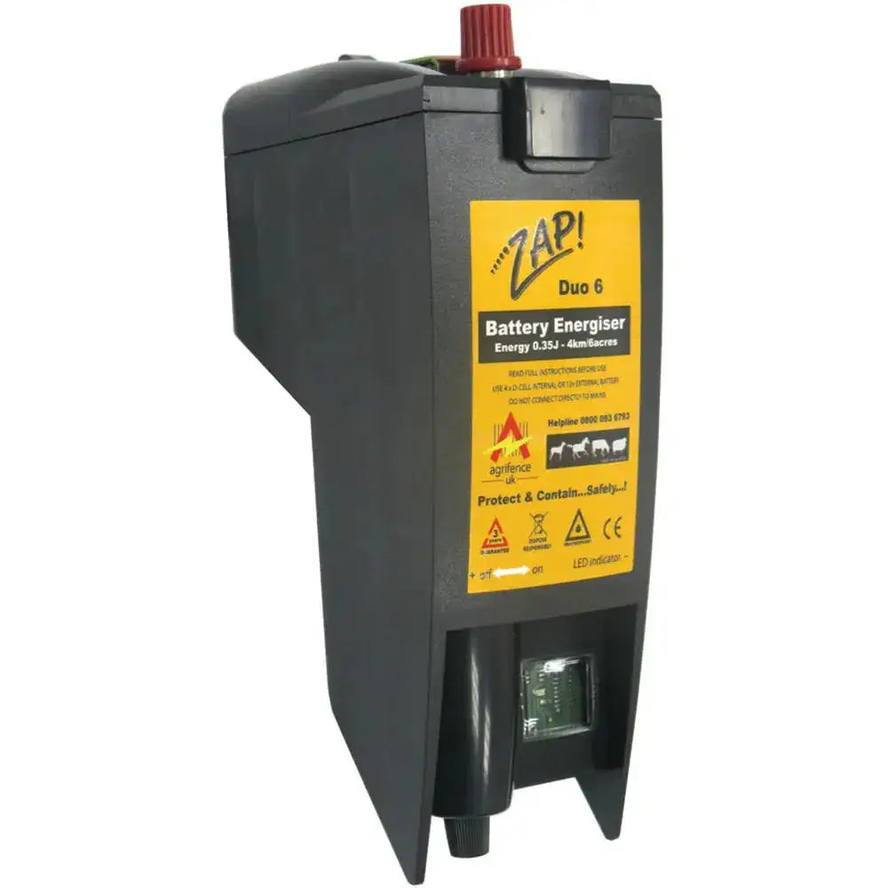 Black plastic agrifence duo 6 energiser with yellow label and red cap a versatile unit for price and size