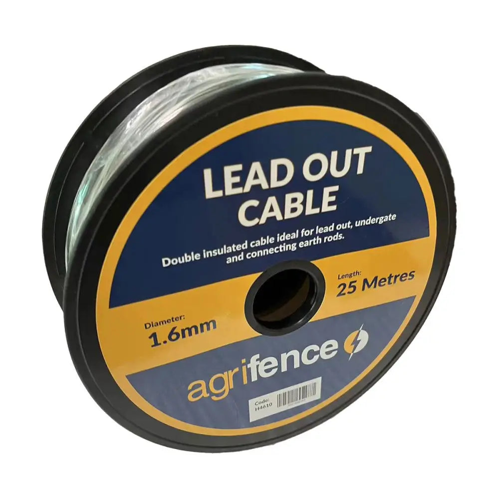 A spool of black and yellow agrifence easy leadout cable 25 meters long 1.6mm diameter for mains powered energiser