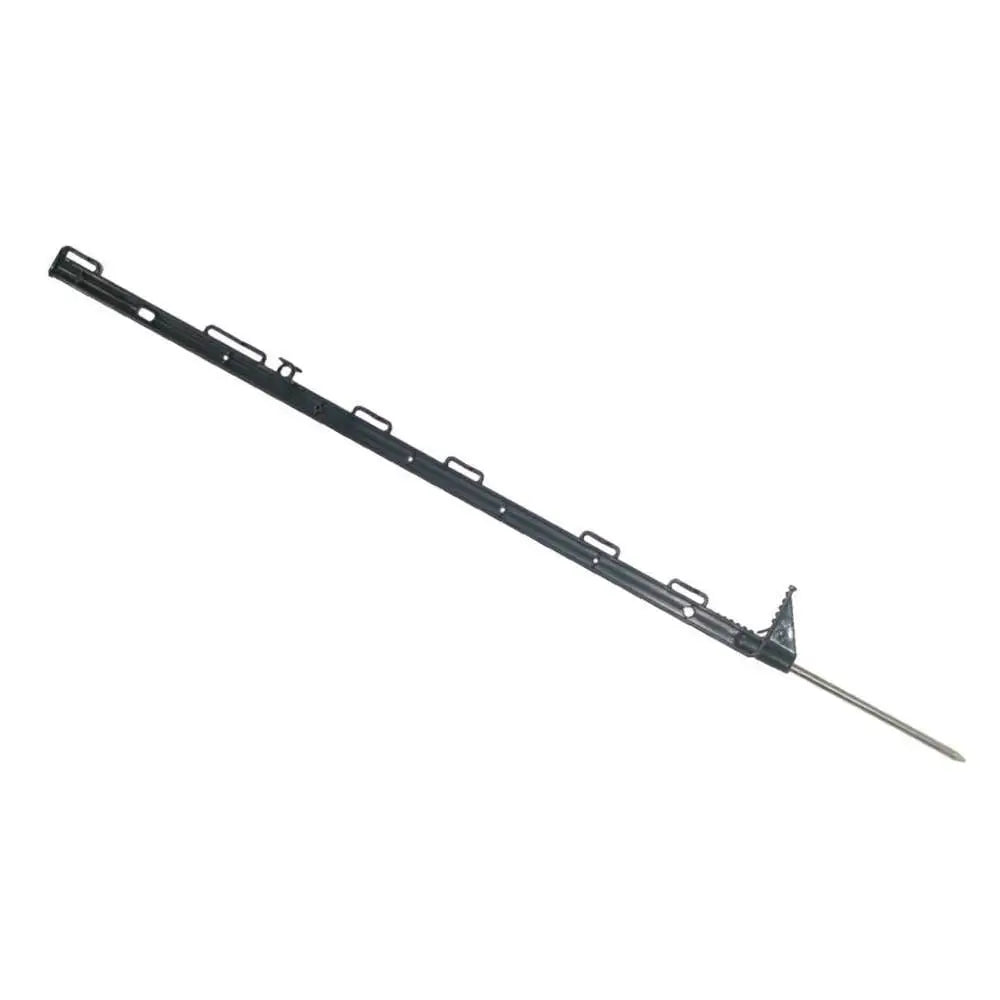 Black metal fishing rod with long slender shaft and multiple grips shown with agrifence easypost light self-insulating post
