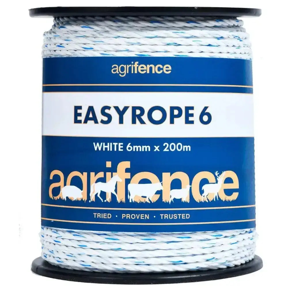 A spool of agrifence easyrope 6 white paddock rope with high visibility braided 6mm by 200m length