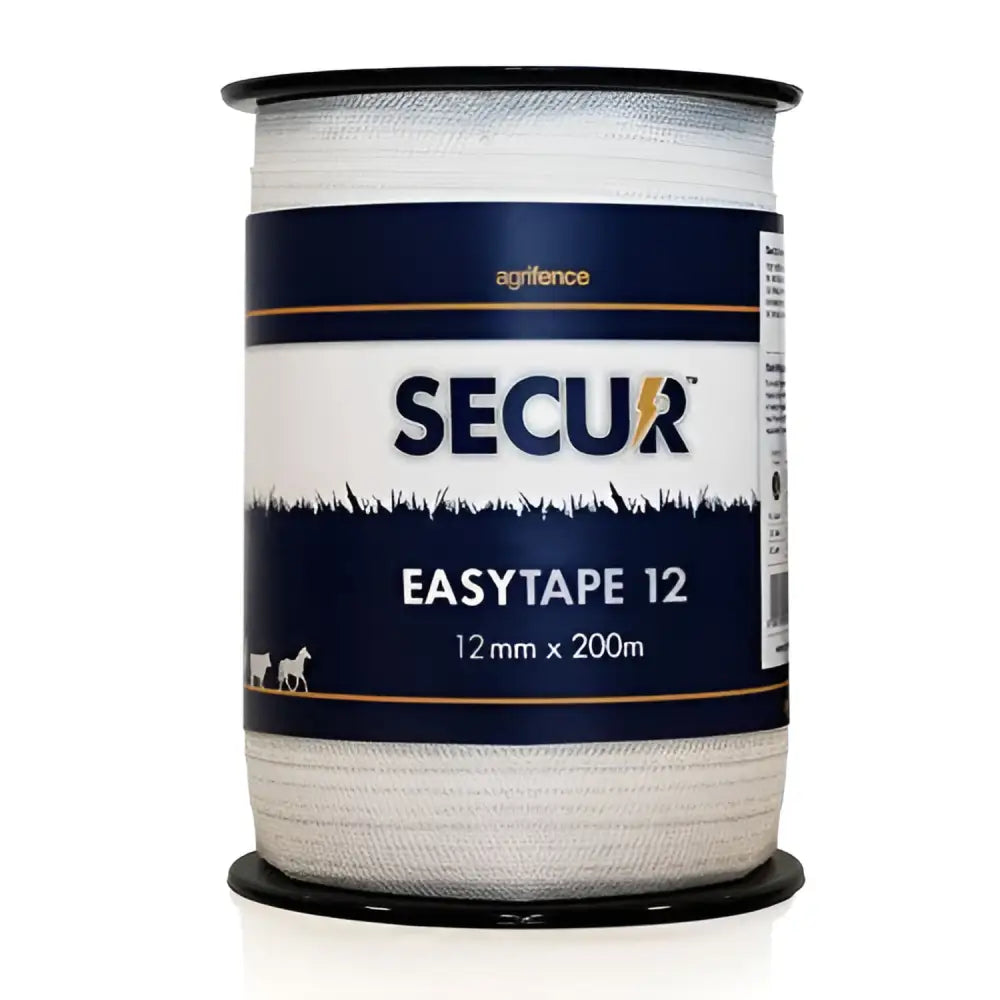 White agrifence easytape 12mm x 200m open weave tape wound on spool to reduce whipping in agricultural fencing