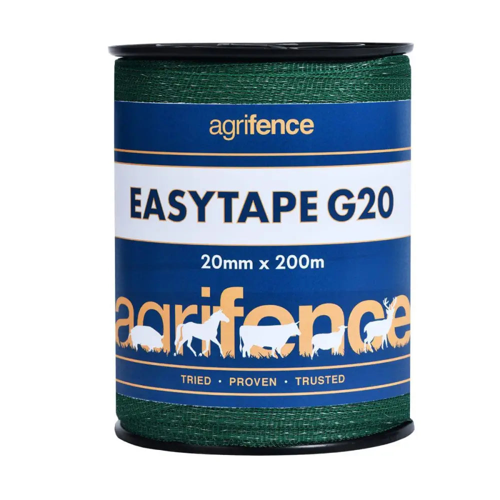 A roll of green agrifence easytape 20mm wide open weave tape designed to reduce whipping in fencing systems