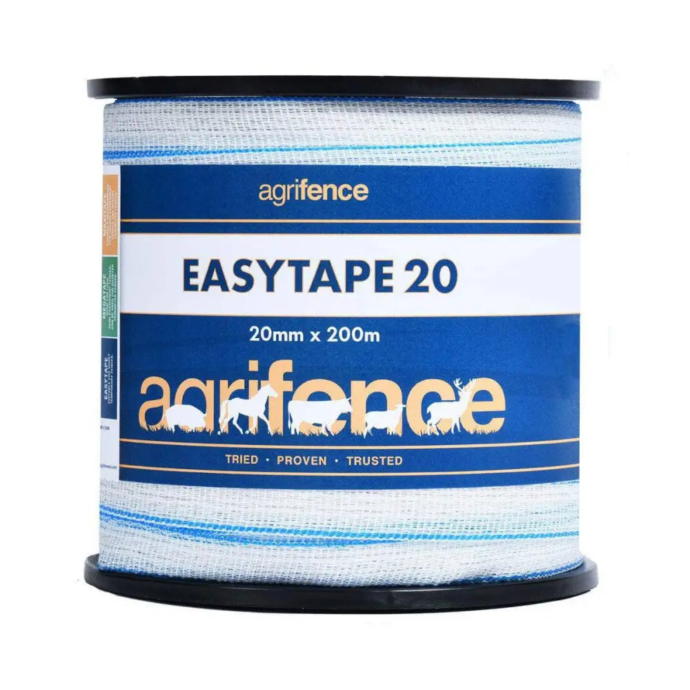 A roll of agrifence easytape 20mm white open weave tape with reinforced edges to reduce whipping in fencing