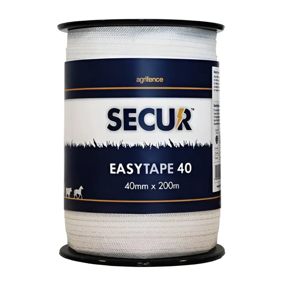 White agrifence easytape 40mm open weave tape on black spool designed to reduce whipping in fencing use