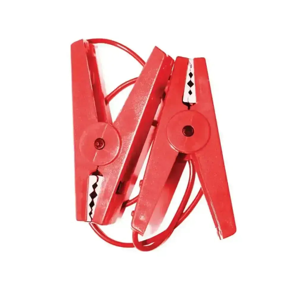 Red plastic agrifence line crocodile clip connector with insulated clamps for secure car battery jumper cables use