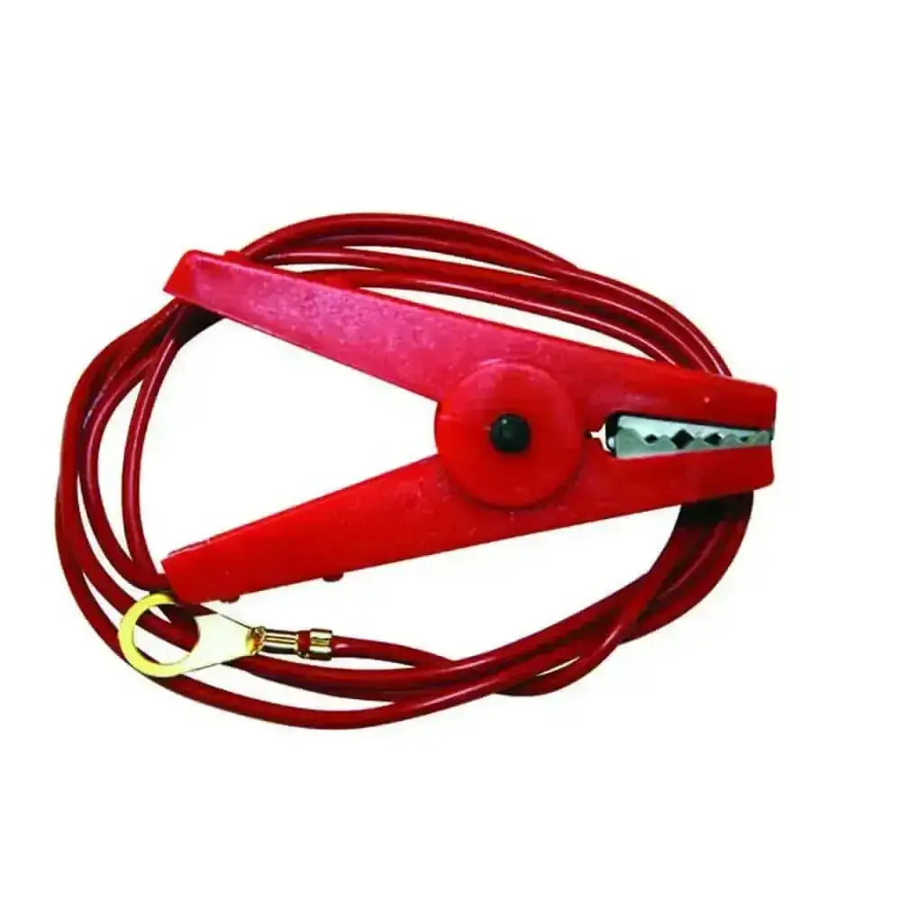 Red insulated agrifence live lead with red crocodile clip metal jaws and gold ring for positive battery terminal use