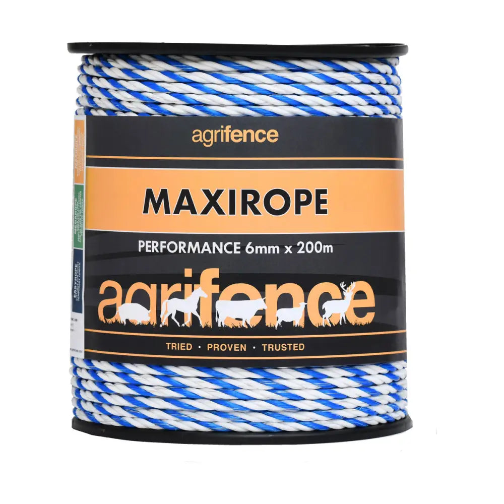 A spool of agrifence maxirope premium blue and white twisted maxirope 6mm x 200m for long permanent fences