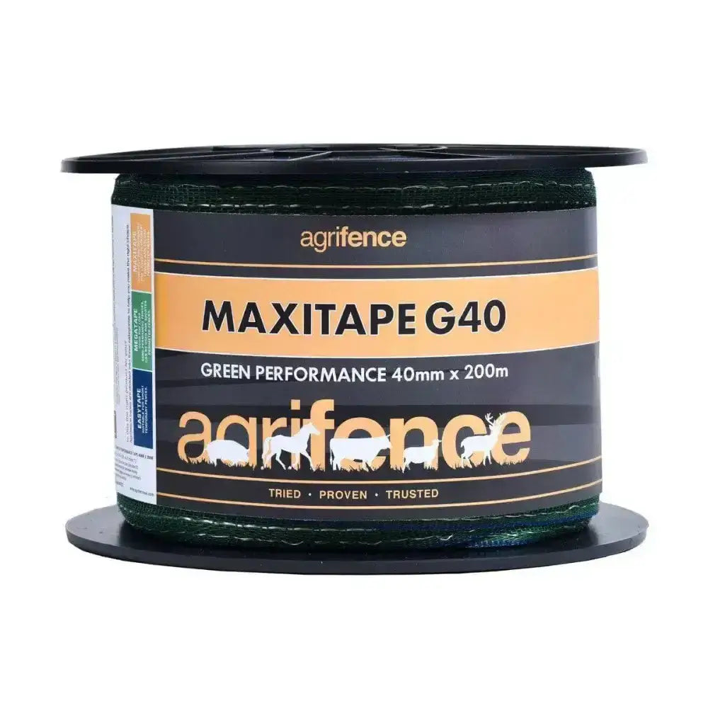 A spool of dark green textured agrifence maxitape g40 green performance tape for agricultural fencing use