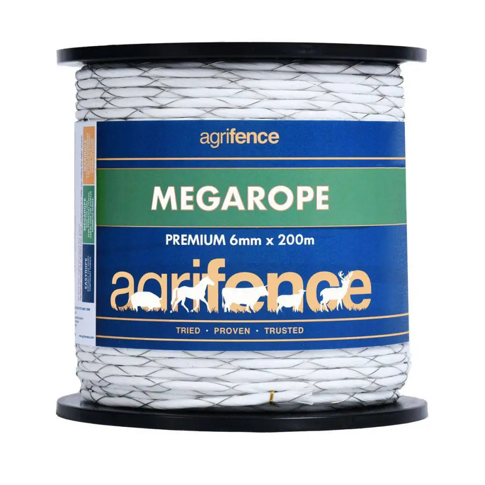 A spool of white braided polypropylene agrifence megarope premium fence rope with galvanised steel strands 200m