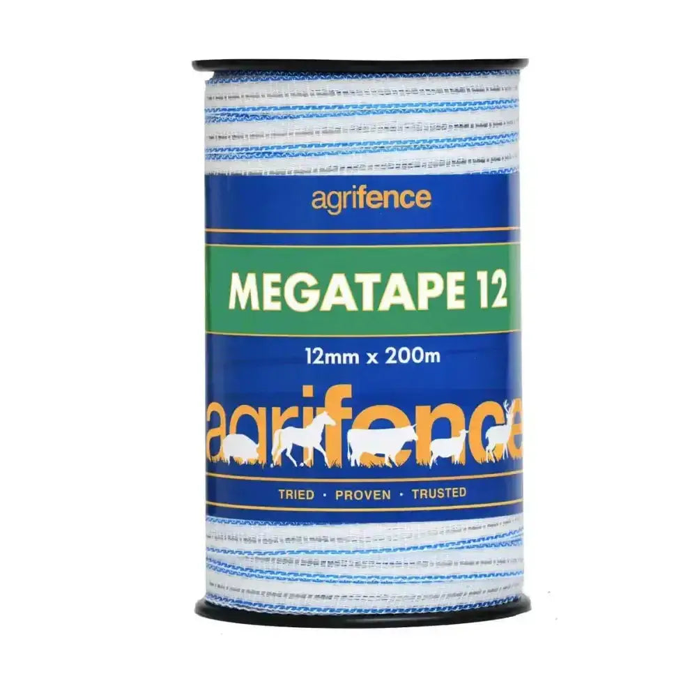 A spool of blue and white striped agrifence megatape reinforced 12mm x 200m standard polytapes for fencing use