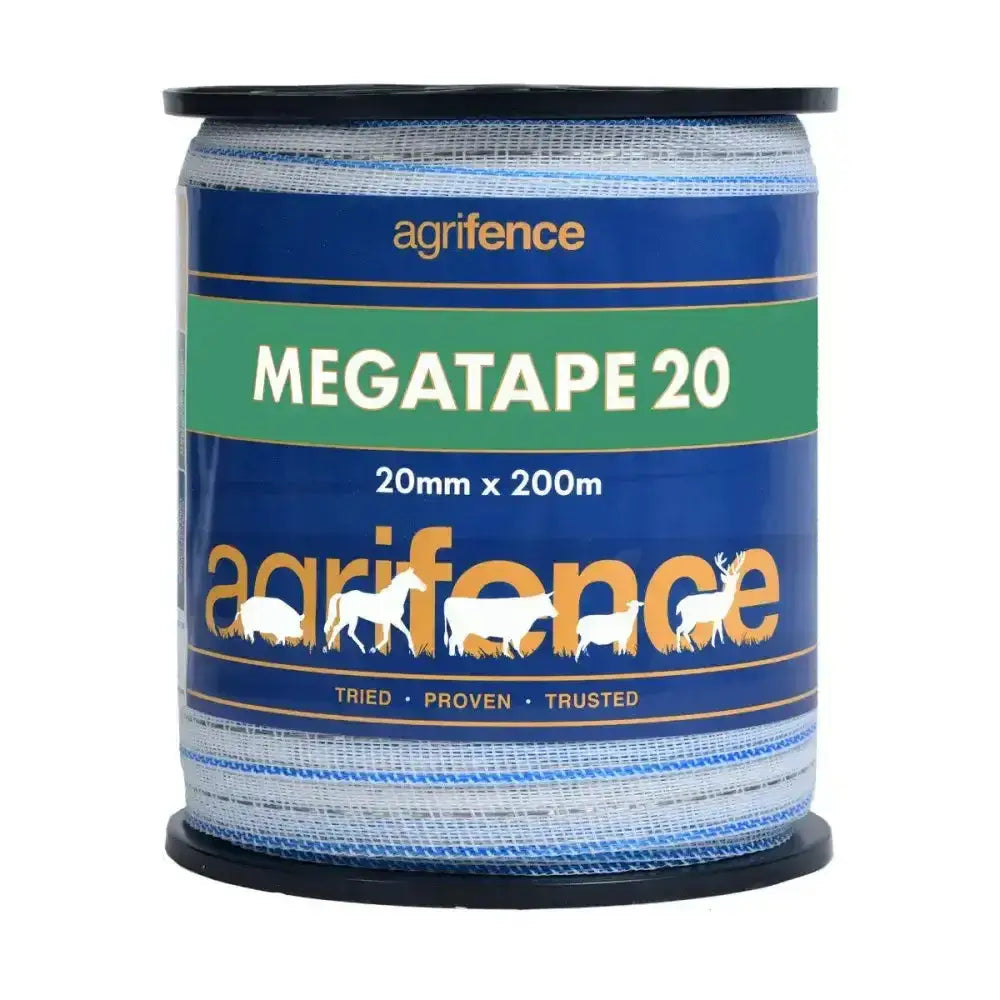 A roll of agrifence megatape reinforced tape 20mm x 200m blue and white mesh for durable livestock fencing