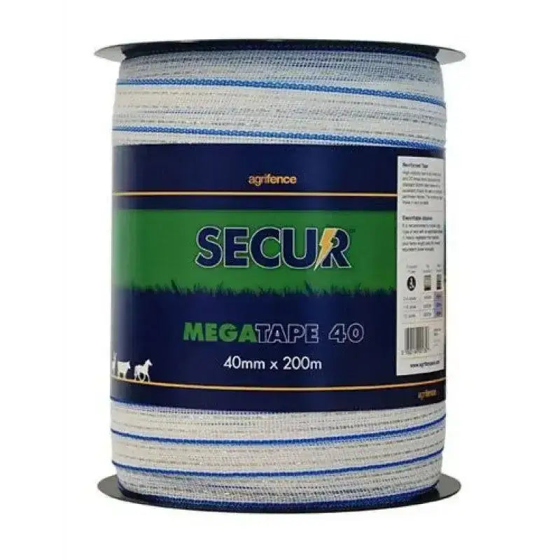 A spool of agrifence megatape reinforced white and blue woven tape 40mm x 200m for heavy-duty use