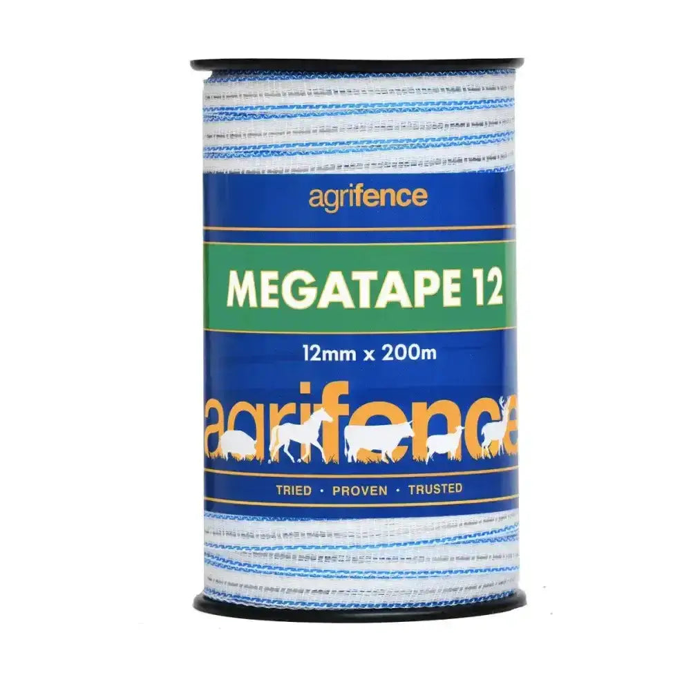 A spool of blue and white striped agrifence megatape reinforced 40mm x 200m designed for durable fencing use