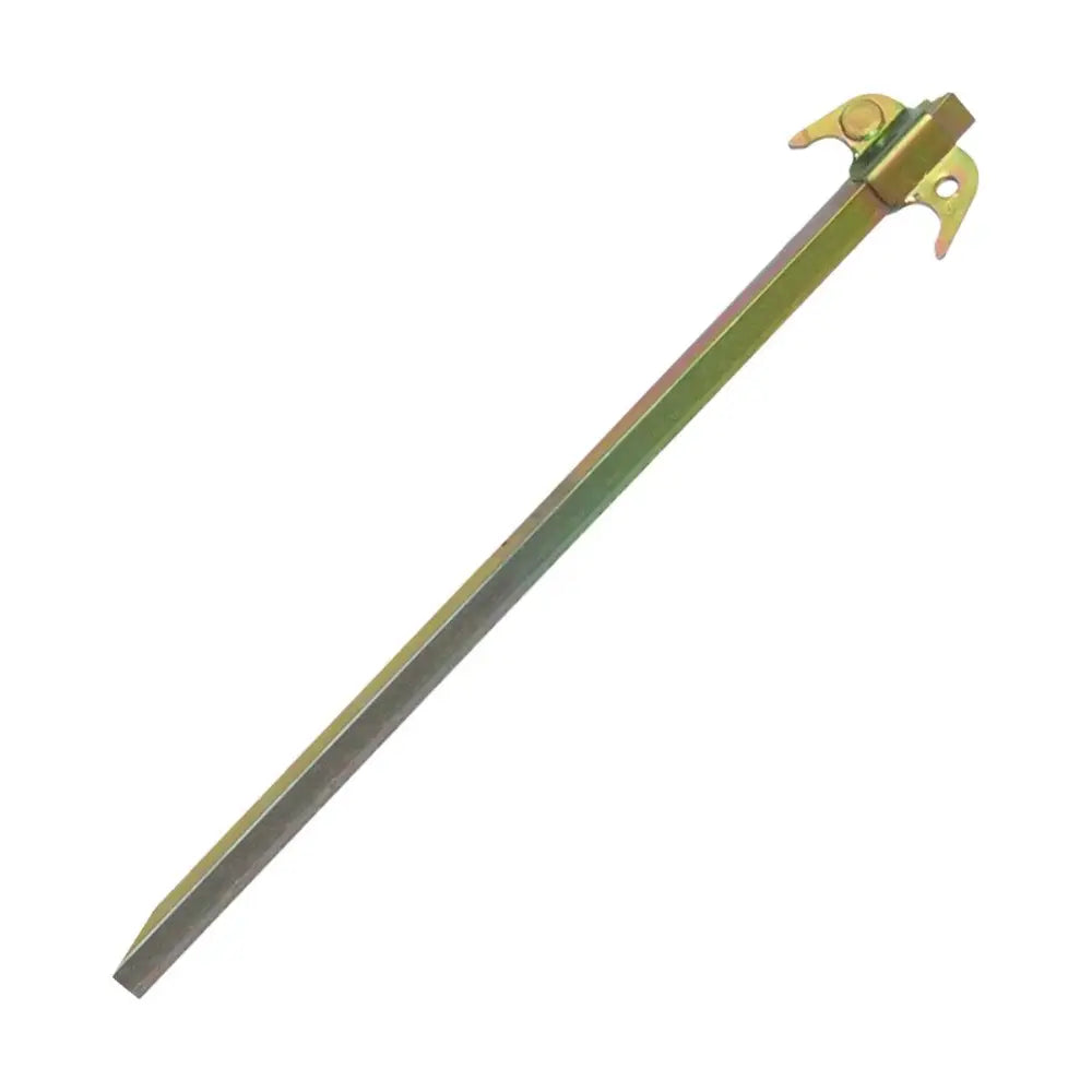 Agrifence short earth rod in golden-yellow hardened steel with unique clamp design and flat head notches for secure use