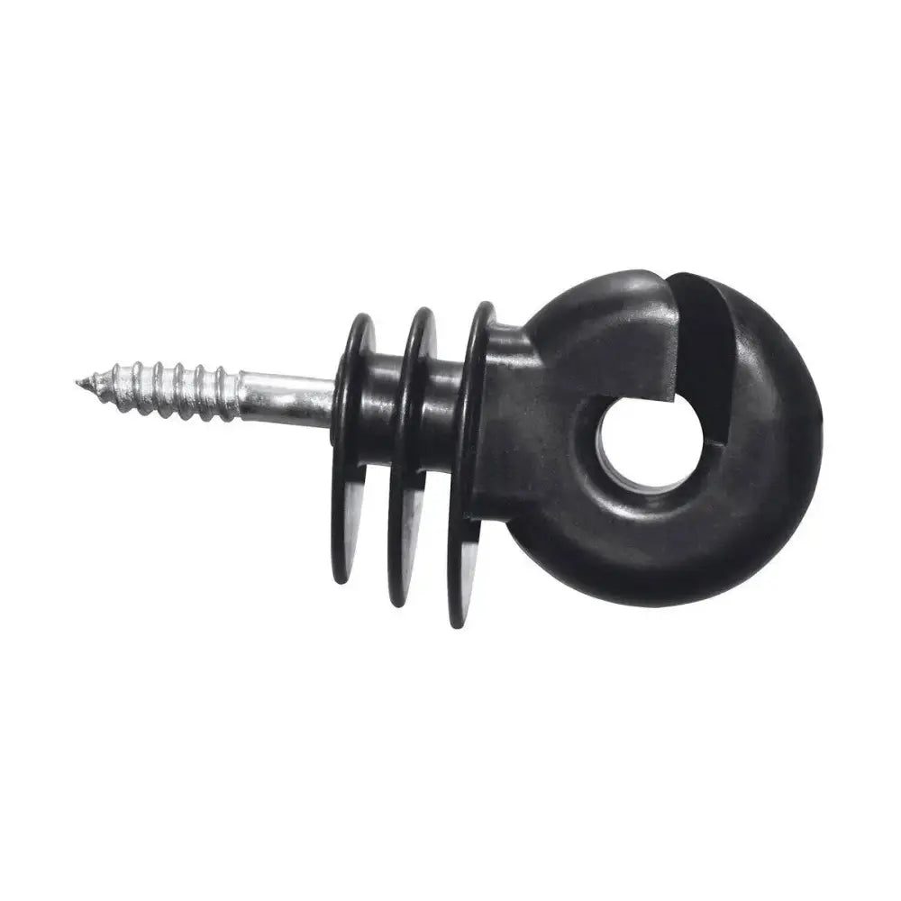 Black plastic agrifence small ring insulator screw with rounded head hook and ridged grip for economical woodscrew insulators