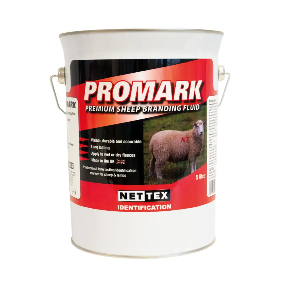 White metal bucket with red black label of promark premium sheep branding fluid used in agrimark branding fluid