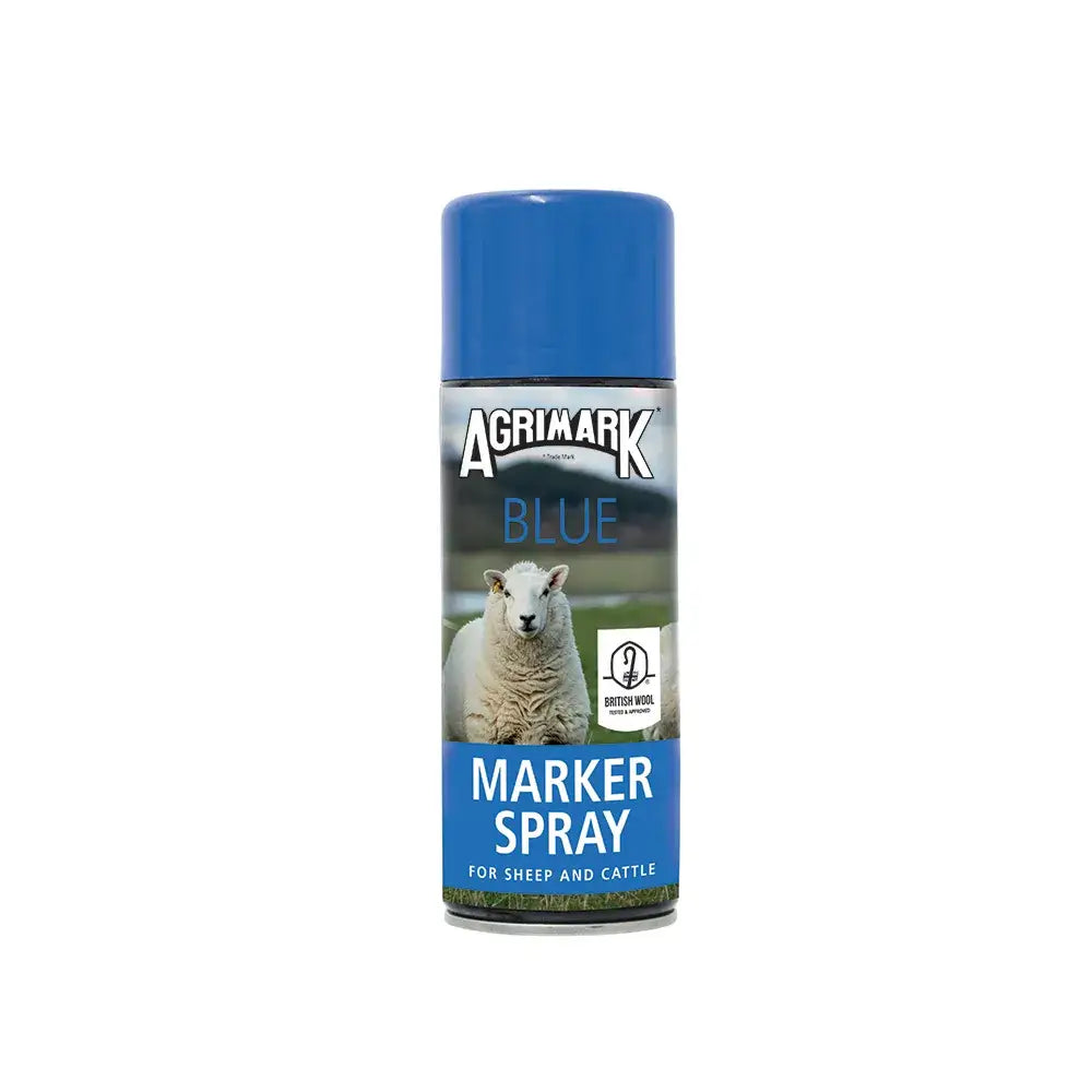 Agrimark marker spray blue aerosol can with dispensing button for long lasting visible mark on sheep and cattle
