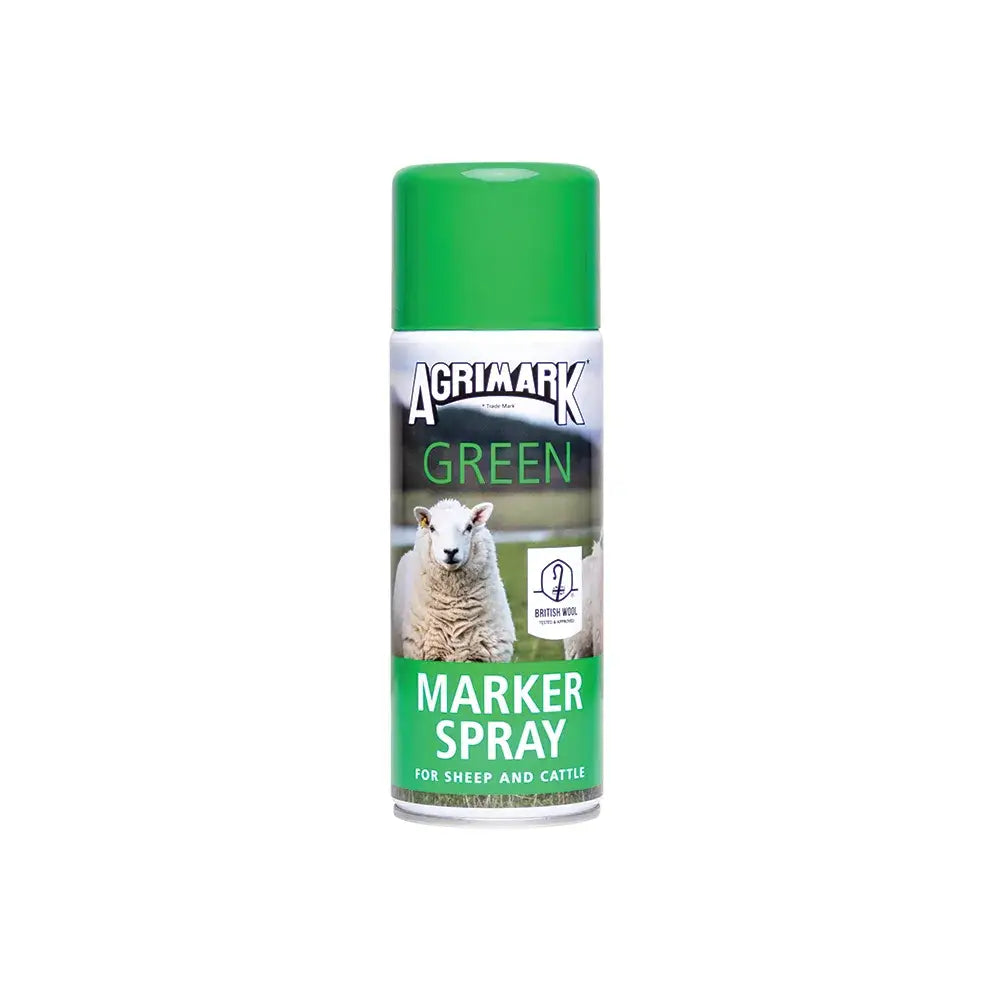 Agrimark marker spray can with bright green cap and long lasting visible mark for sheep and cattle with dispensing button