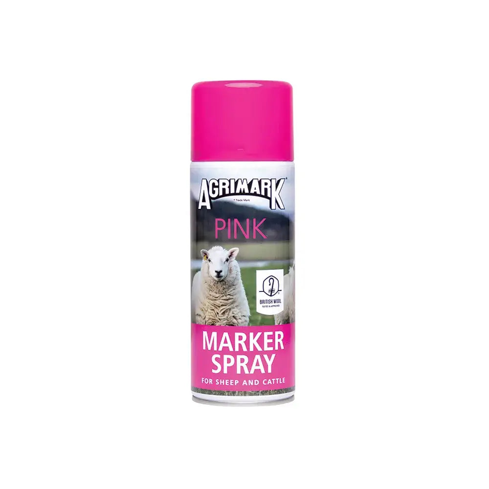 Agrimark marker spray can with vibrant magenta cap and long lasting visible mark for sheep featuring dispensing button