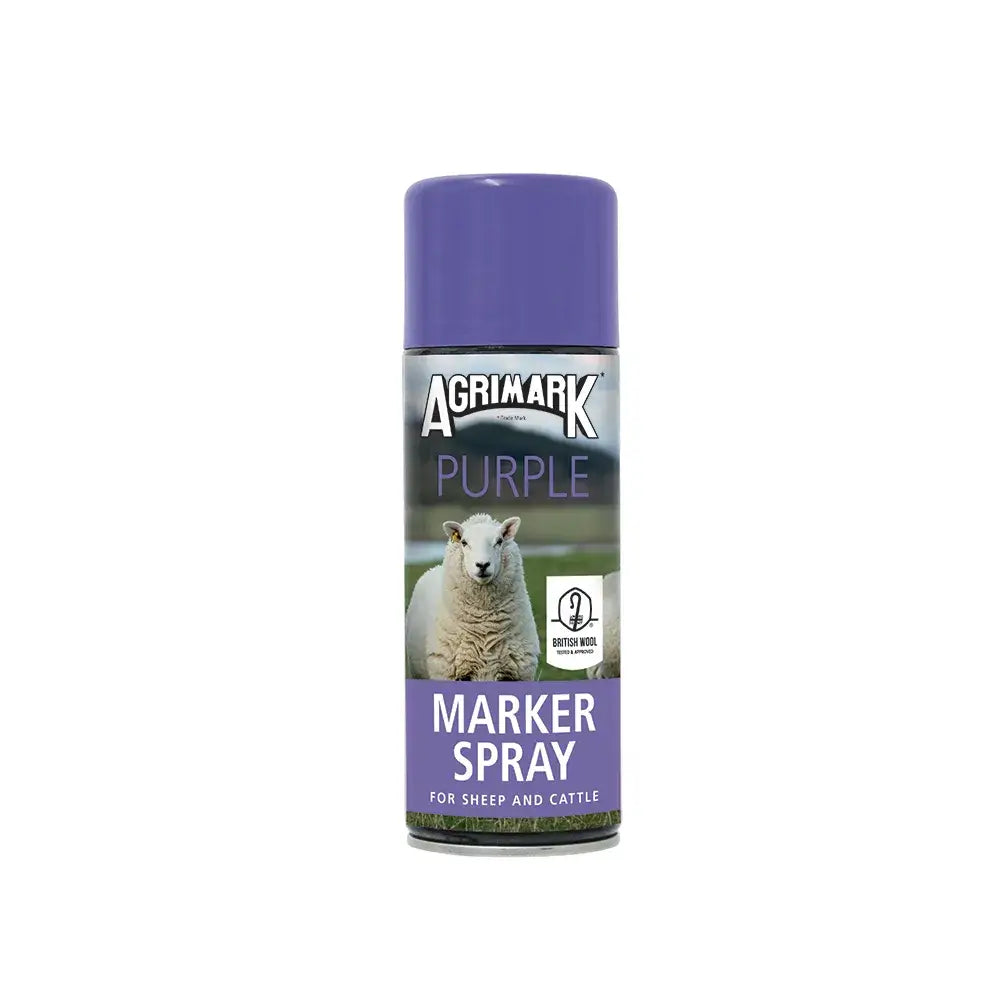 Agrimark marker spray purple can with metallic silver body and dispensing button for long lasting visible mark on livestock