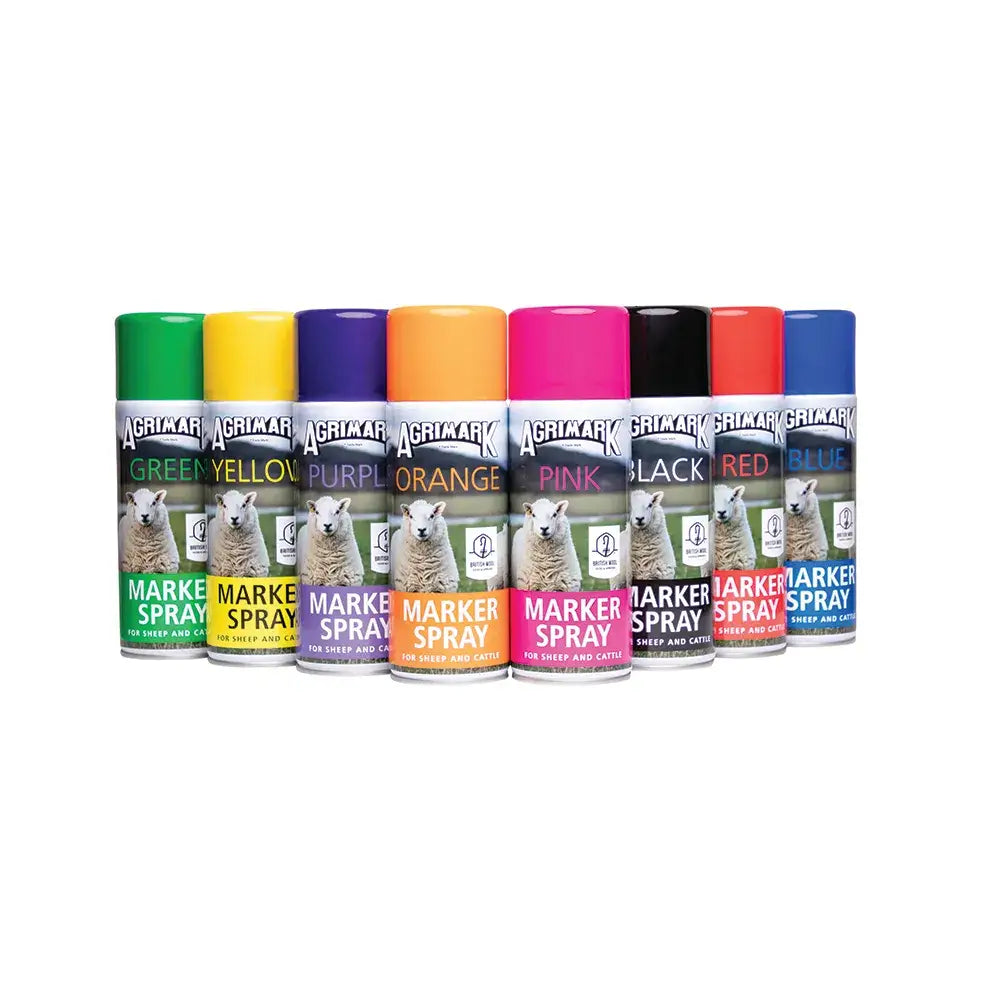 Agrimark marker spray cans in vibrant colors with dispensing button for a long lasting visible mark on surfaces