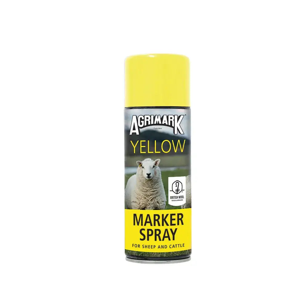 Agrimark marker spray can with bright yellow cap and label showing white sheep for long lasting visible mark use