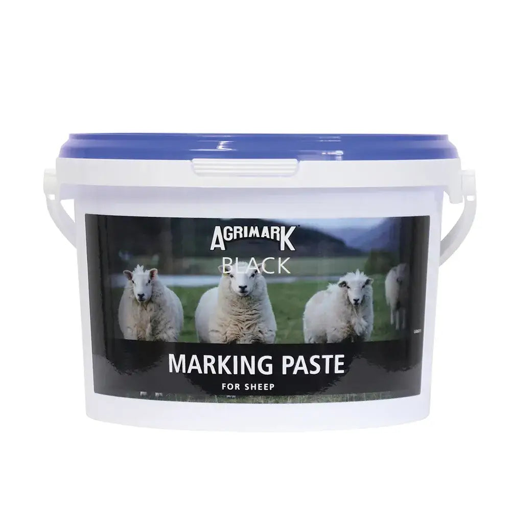 Agrimark marking paste black durable marking in a white plastic bucket with blue lid for highly visible sheep marking