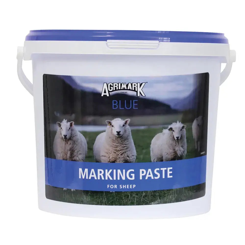 Agrimark marking paste in a white plastic bucket with blue lid for durable highly visible marking on sheep