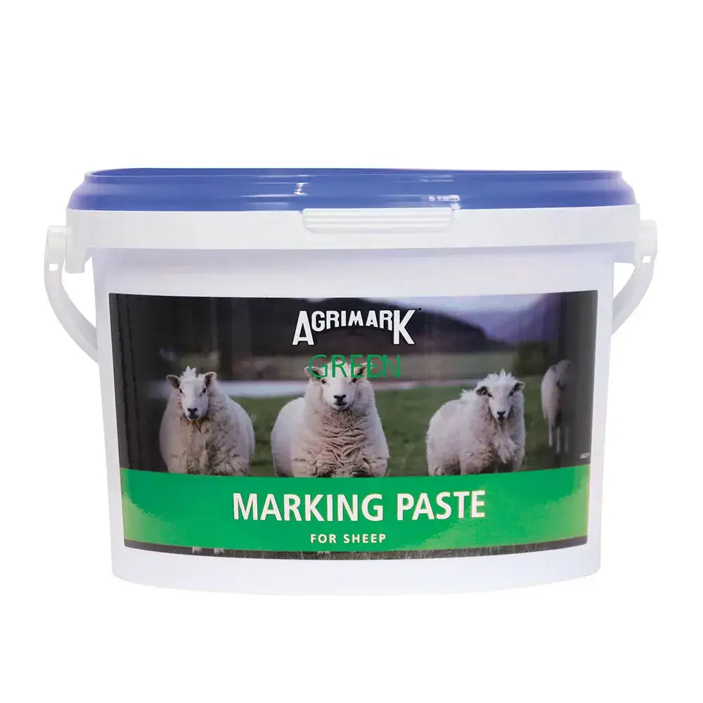 Agrimark marking paste in a white plastic bucket with blue lid for durable, highly visible sheep marking paste