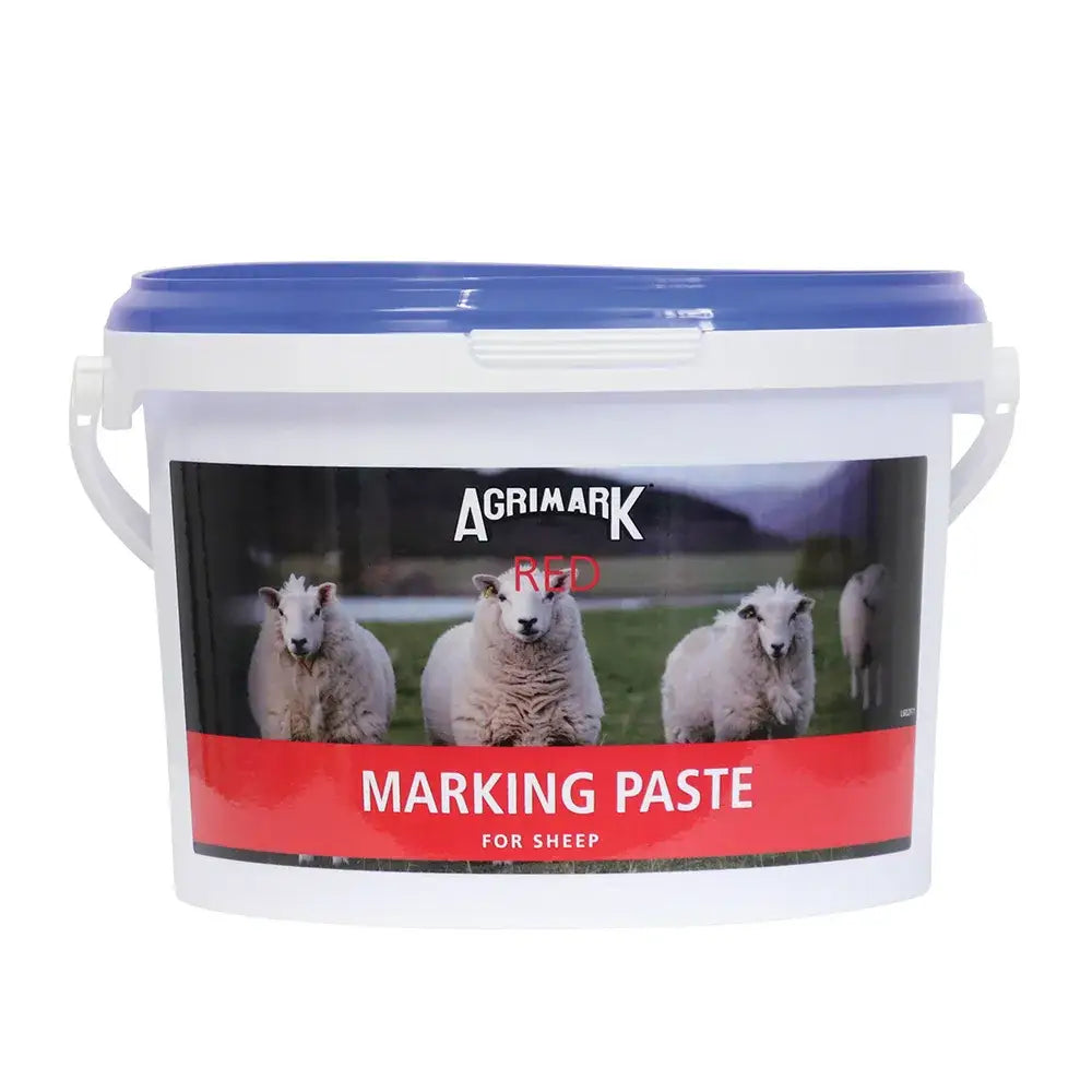 Agrimark marking paste in a white plastic bucket with blue lid offers durable and highly visible marking for sheep