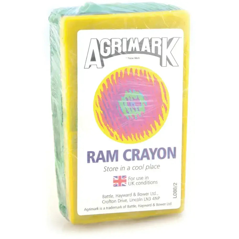Agrimark ram crayons are yellow natural waxes in a rectangular block with a colorful label for marking rams