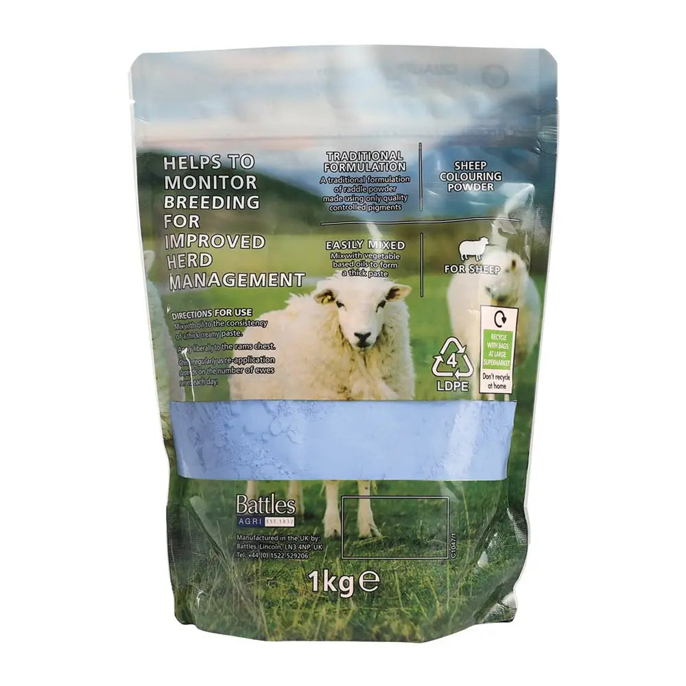 A 1kg resealable pouch of Agrimark sheep colouring powder with quality controlled pigments and green blue sheep design