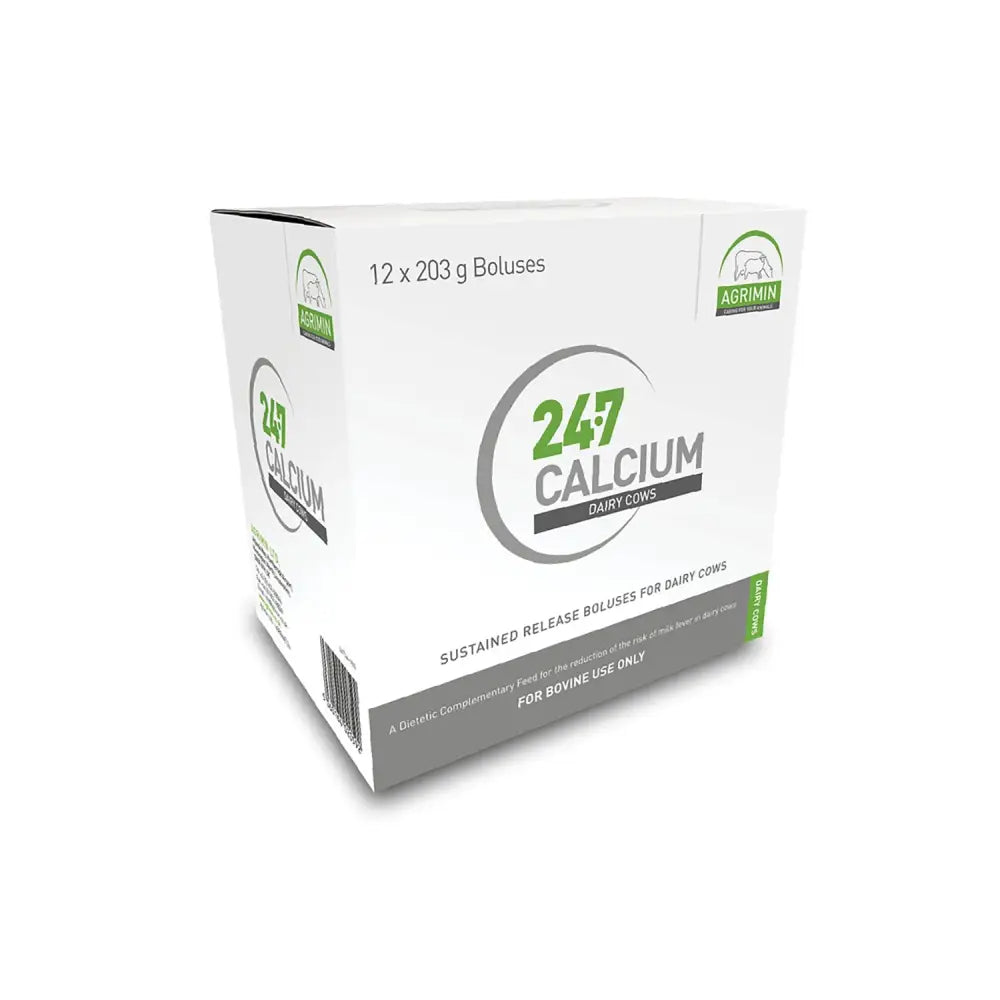 White cardboard box of agrimin 24-7 calcium bolus dairy cows with green and gray branding for bolus dairy cows