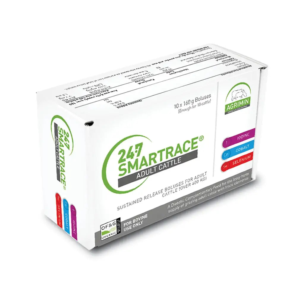 White cardboard box of agrimin 24-7 smart trace bolus for cattle with green and black branding and colorful iodine cobalt selenium labels