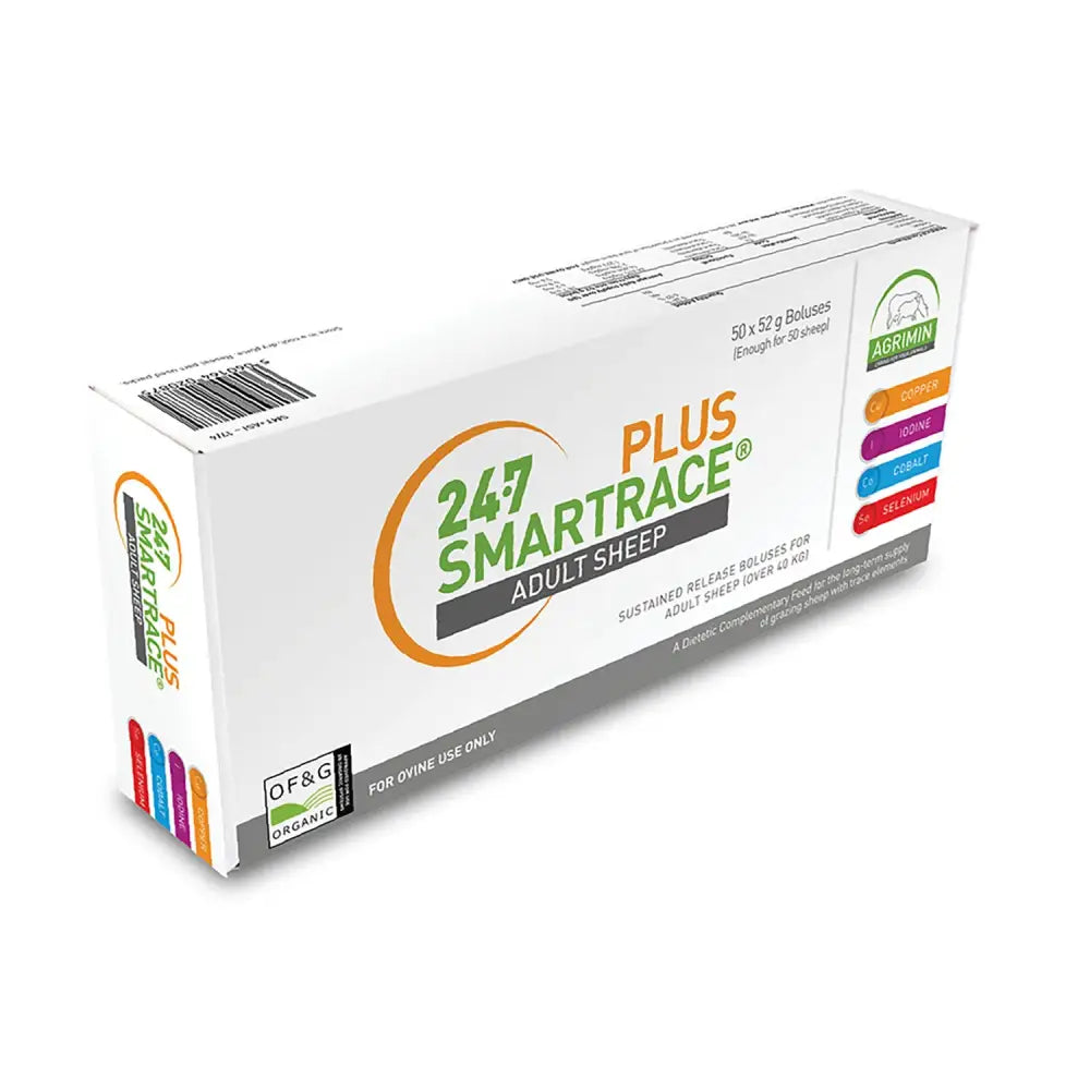 White cardboard box of agrimin 247 smart trace plus adult sheep boluses with colorful mineral stripes for breeding ewes