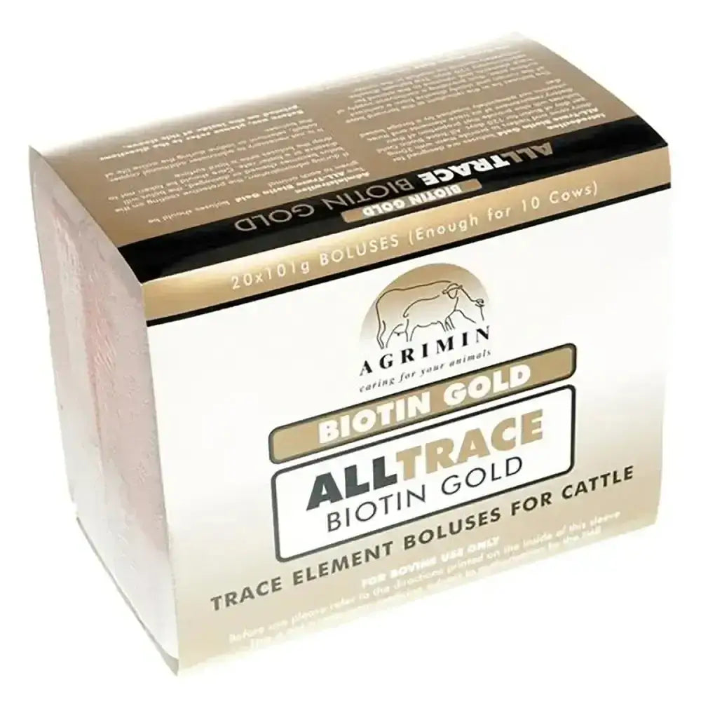 Agrimin alltrace biotin gold trace element boluses for cattle in a white and gold cardboard box