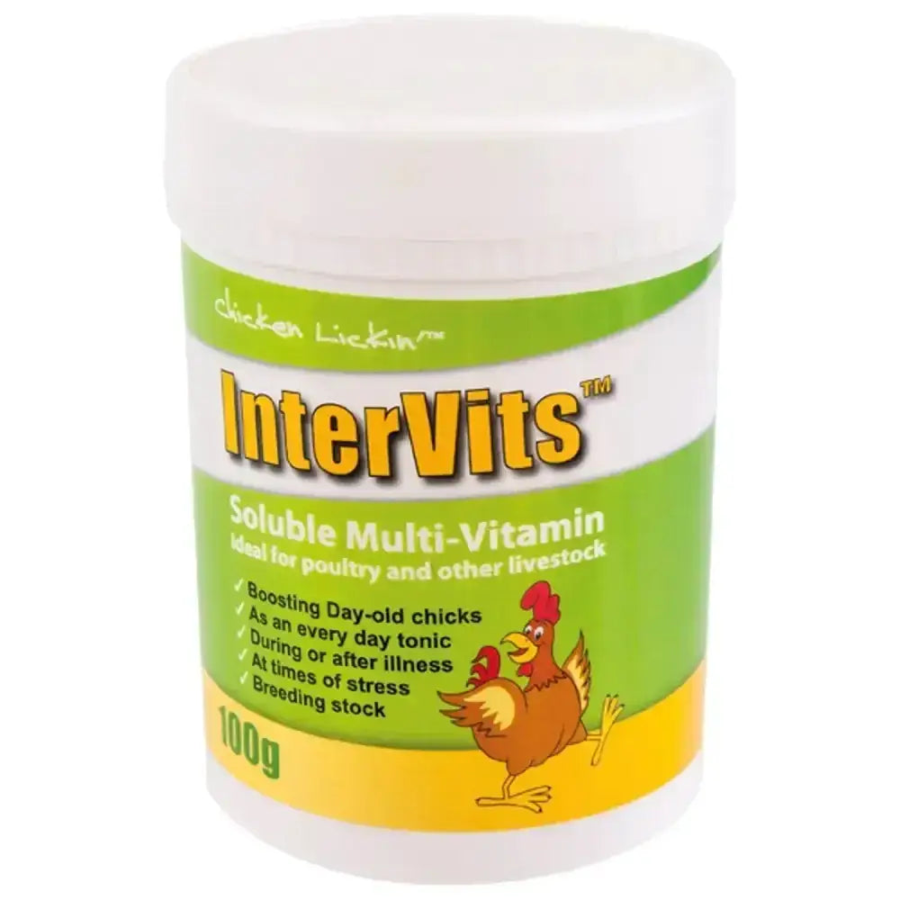 White plastic container with green yellow label of agrivite chicken lickin intervits soluble multivits for poultry