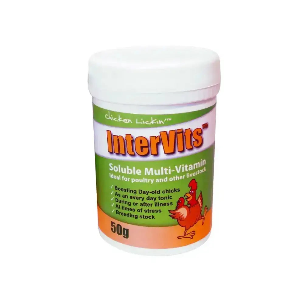 White plastic container with green and orange label showing agrivite chicken lickin intervits soluble multivits 50g