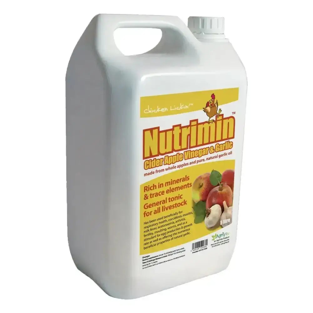 White plastic jug of agrivite chicken lickin nutrimin cider vinegar and garlic 5 litres for poultry use