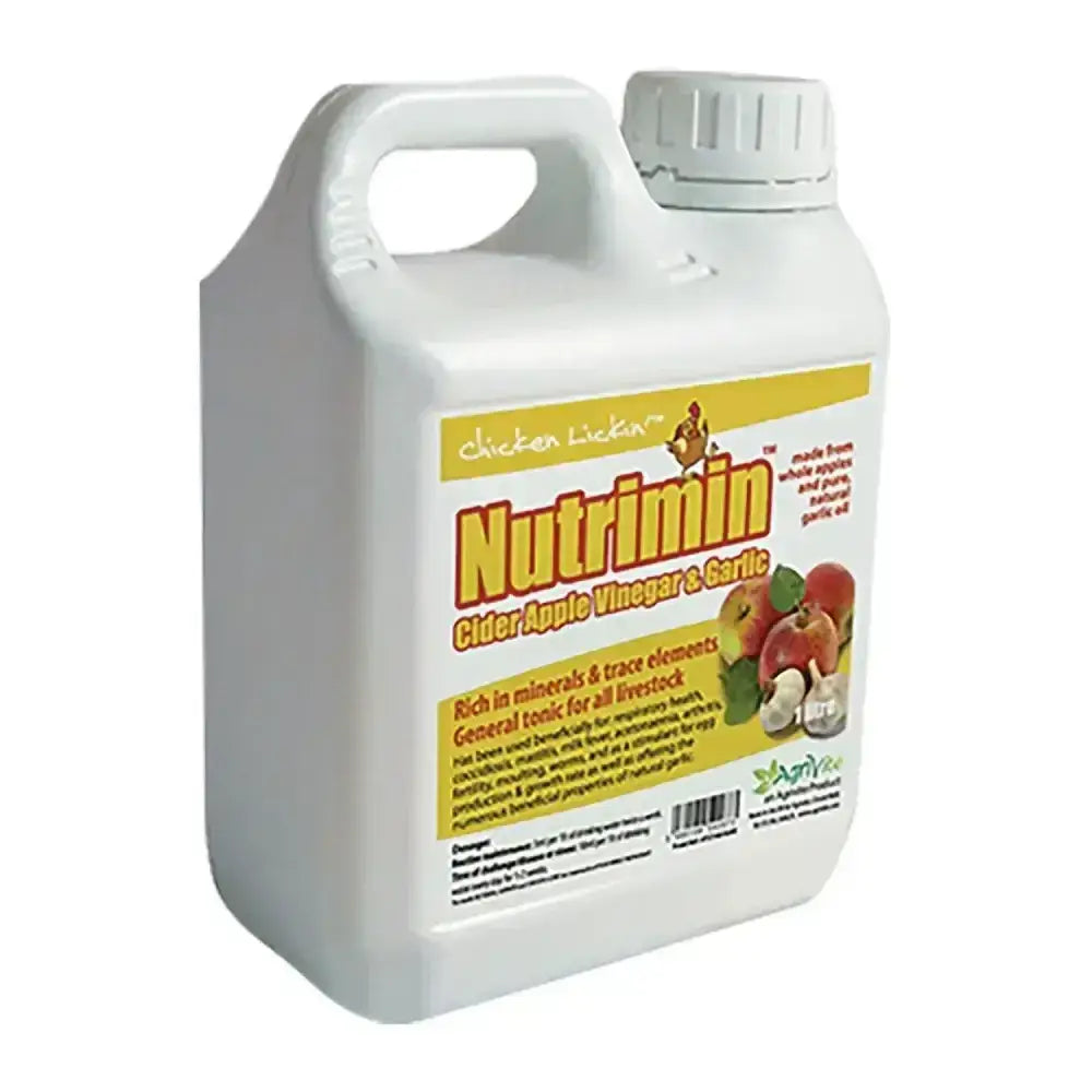 White plastic jug with handle and cap labeled nutrimin cider vinegar garlic by agrivite chicken lickin
