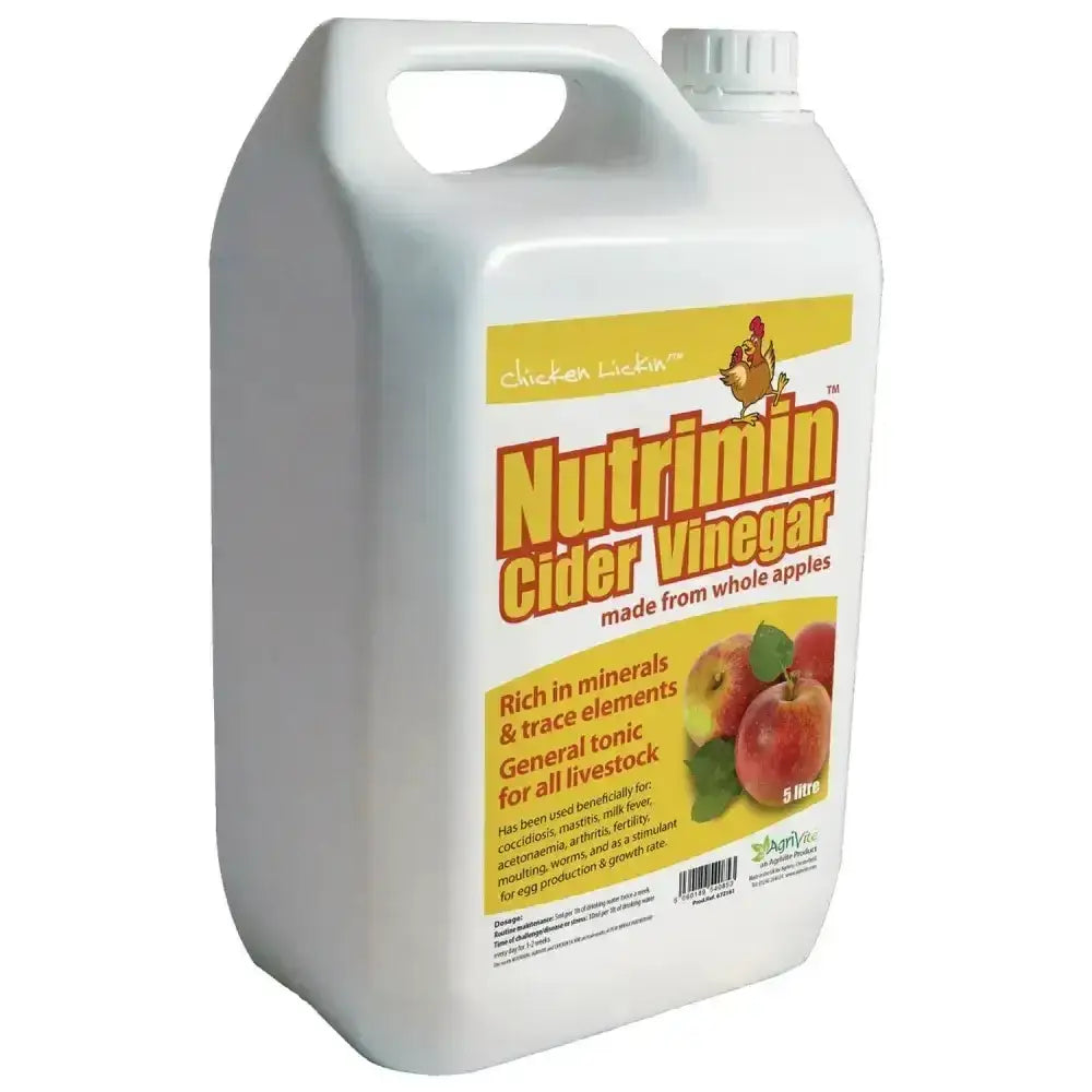 White plastic jug of agrivite chicken lickin nutrimin cider vinegar made from whole apples for natural use