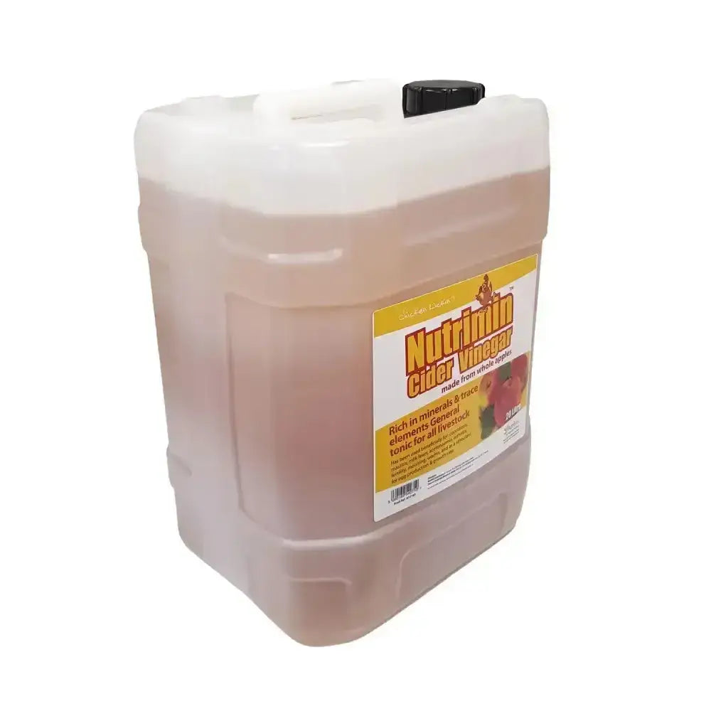 A translucent plastic jug of agrivite chicken lickin nutrimin cider vinegar with amber liquid and yellow label