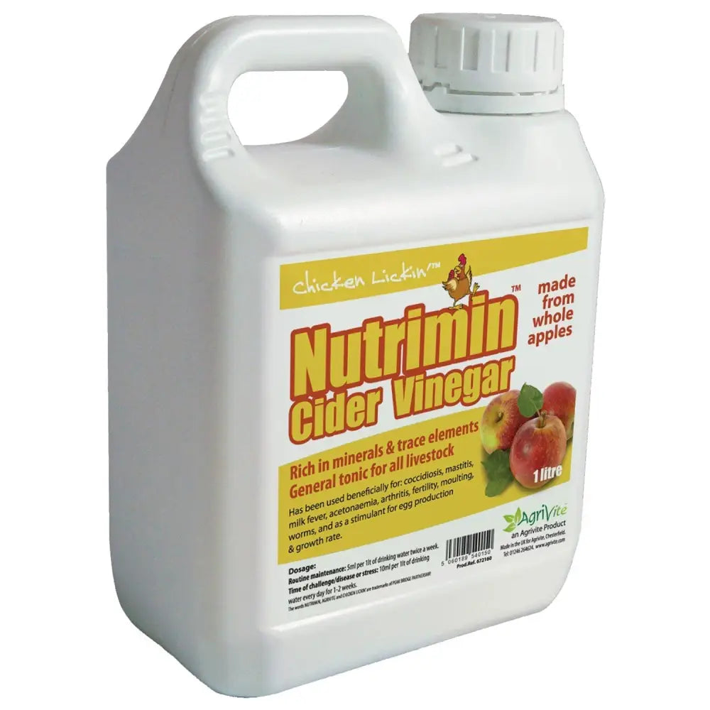 White plastic jug with handle and cap labeled agrivite chicken lickin nutrimin cider vinegar in bold yellow-orange text