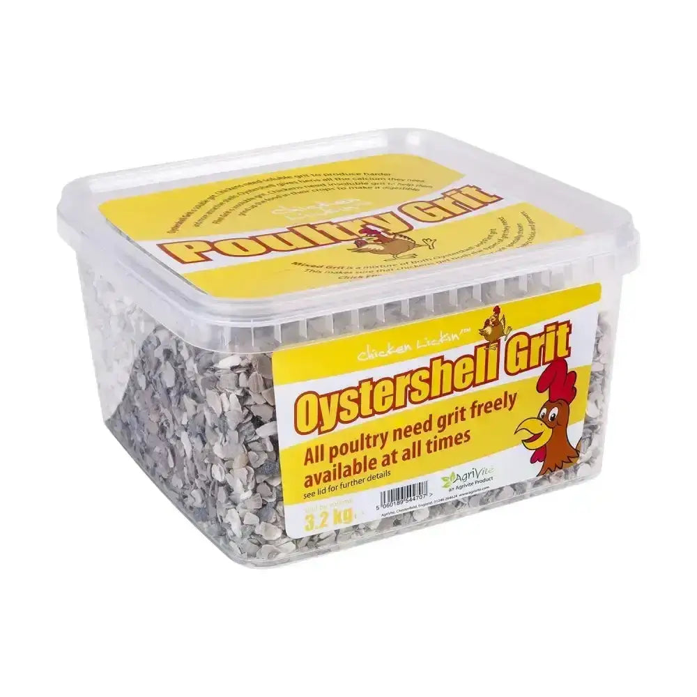 Clear plastic container of gray agrivite chicken lickin oystershell grit for chicken feed supplement use